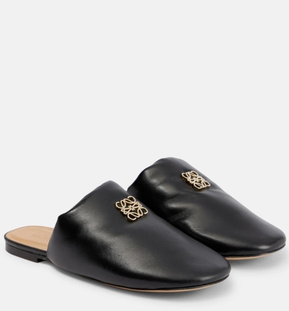 Loewe Anagram Leather Slippers Puffy Mules Black 9.5 Padded Lambskin Flats 41